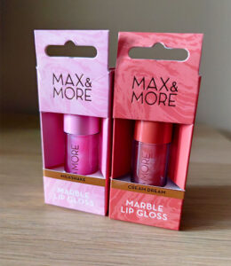 Max and more Marble Lip Gloss rosa y marrón